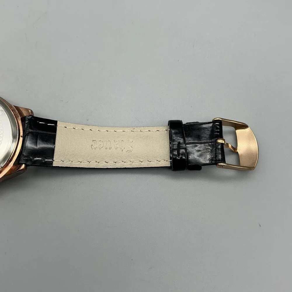 Stauer Womens Watch 38mm Silver Gold Tone Crystals Black Leather Strap